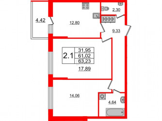 Двухкомнатная квартира 59.8 м²
