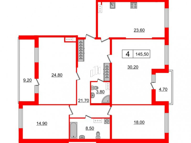Четырёхкомнатная квартира 145.5 м²