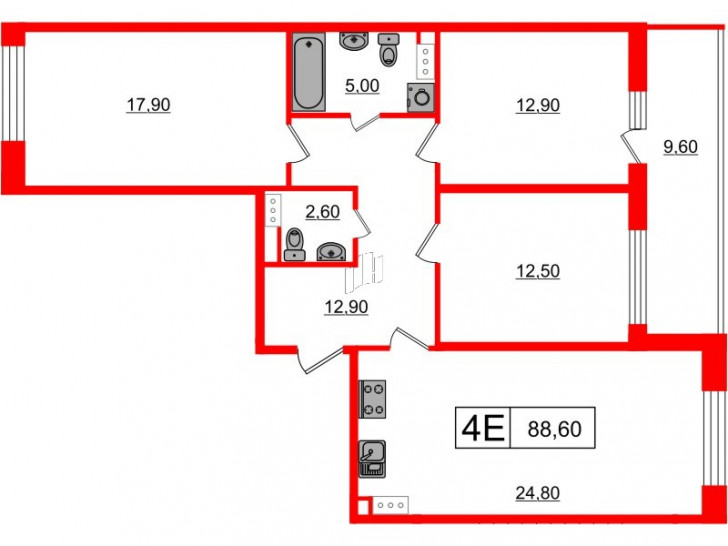 Трёхкомнатная квартира 88.6 м²