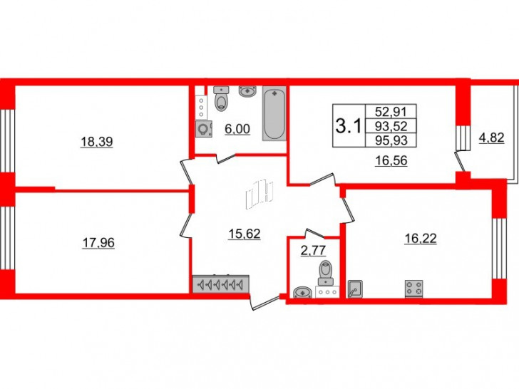 Трёхкомнатная квартира 91.7 м²