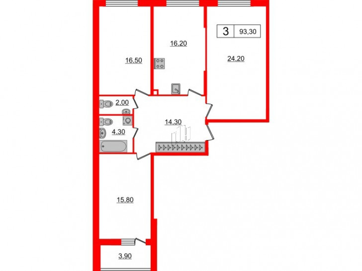 Трёхкомнатная квартира 93.3 м²