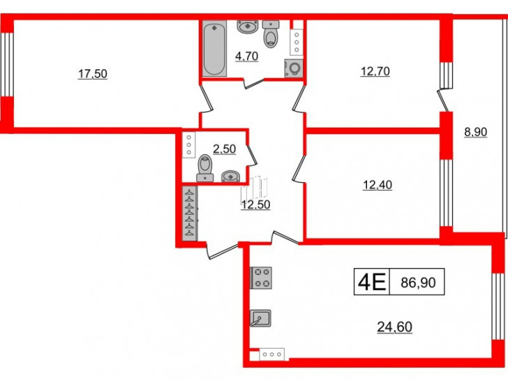 Трёхкомнатная квартира 86.9 м²