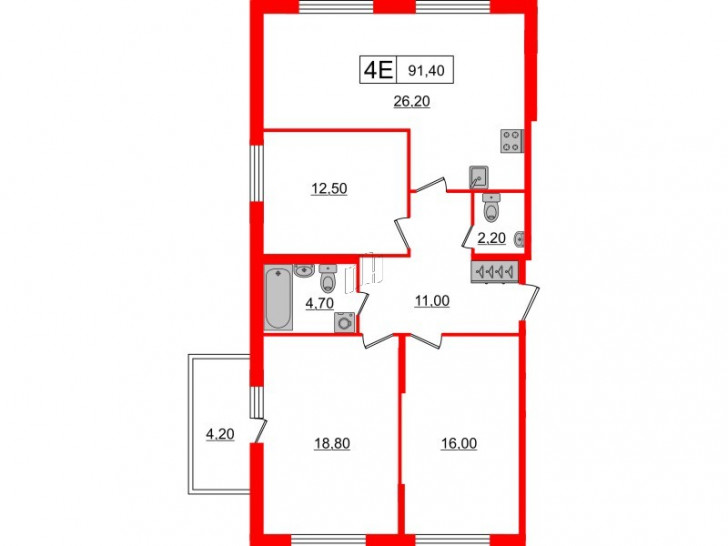 Трёхкомнатная квартира 91.4 м²