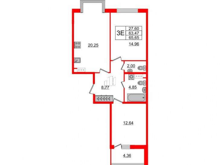 Двухкомнатная квартира 63.7 м²