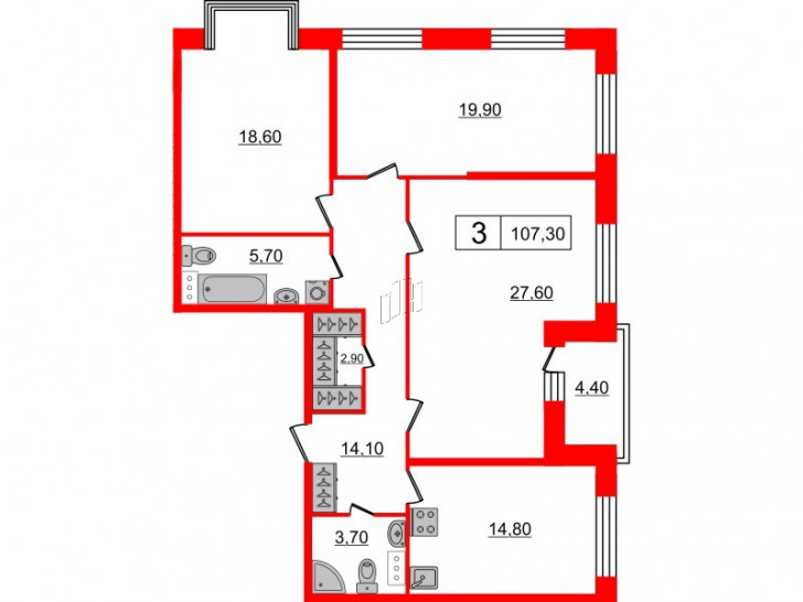 Трёхкомнатная квартира 107.3 м²