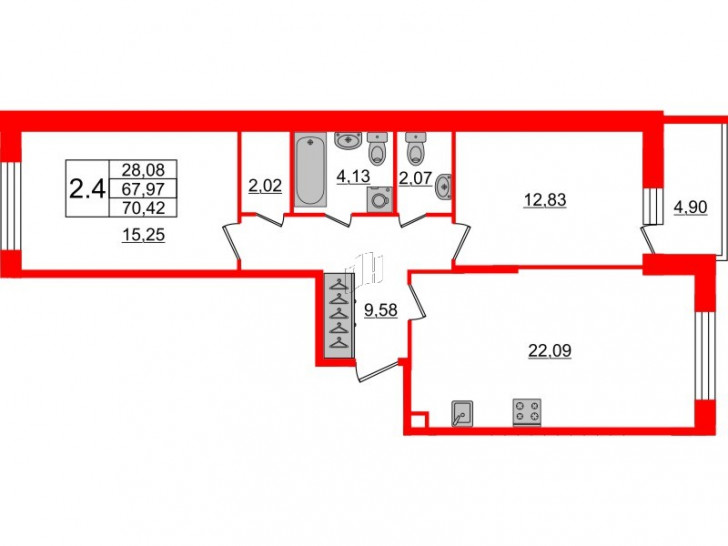 Двухкомнатная квартира 68 м²