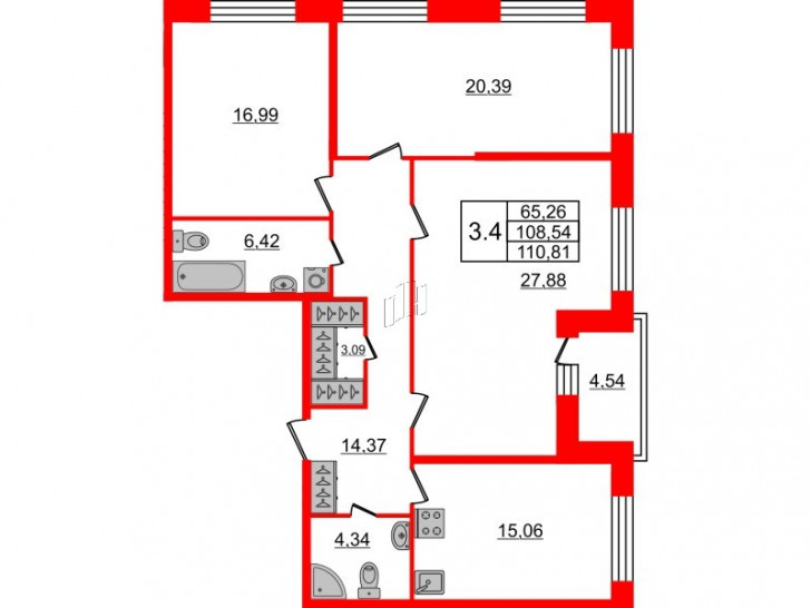 Трёхкомнатная квартира 106.3 м²