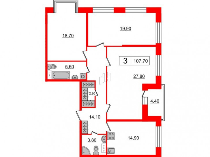 Трёхкомнатная квартира 107.7 м²