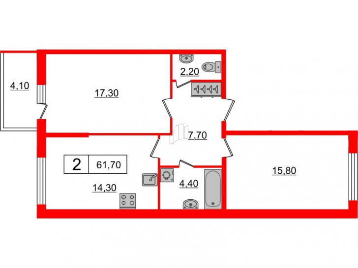 Двухкомнатная квартира 61.7 м²