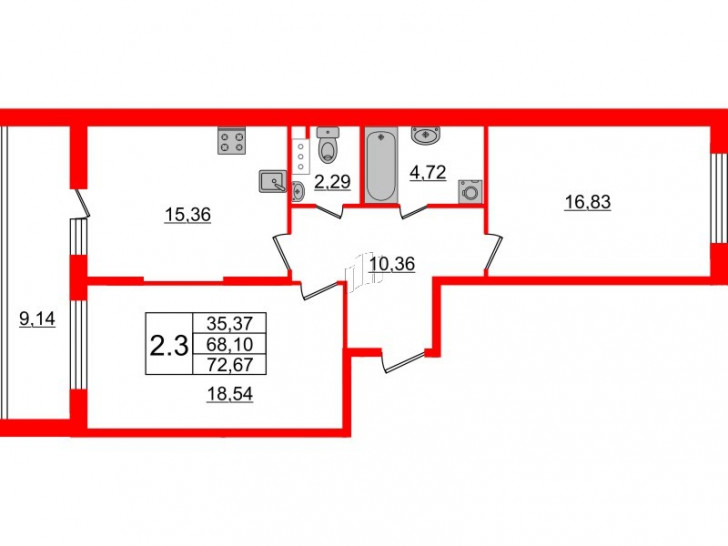 Двухкомнатная квартира 67.3 м²