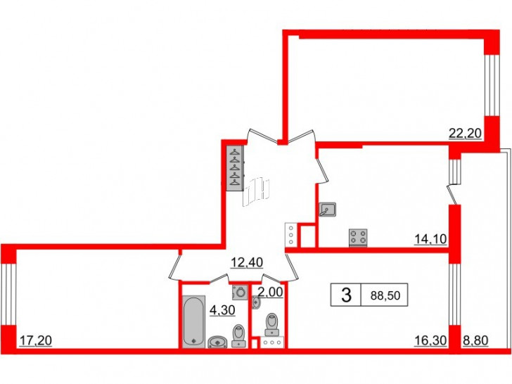 Трёхкомнатная квартира 88.5 м²