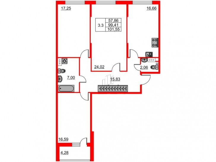 Трёхкомнатная квартира 97.6 м²