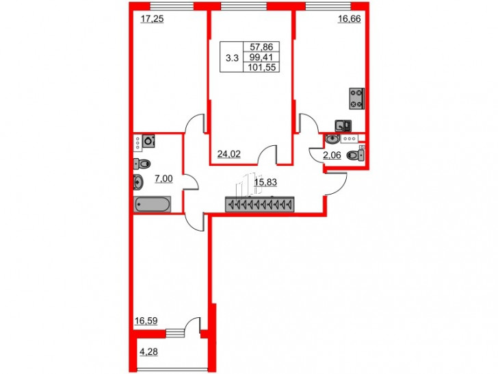 Трёхкомнатная квартира 97.4 м²