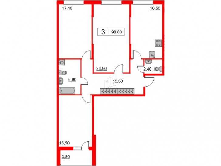 Трёхкомнатная квартира 98.8 м²