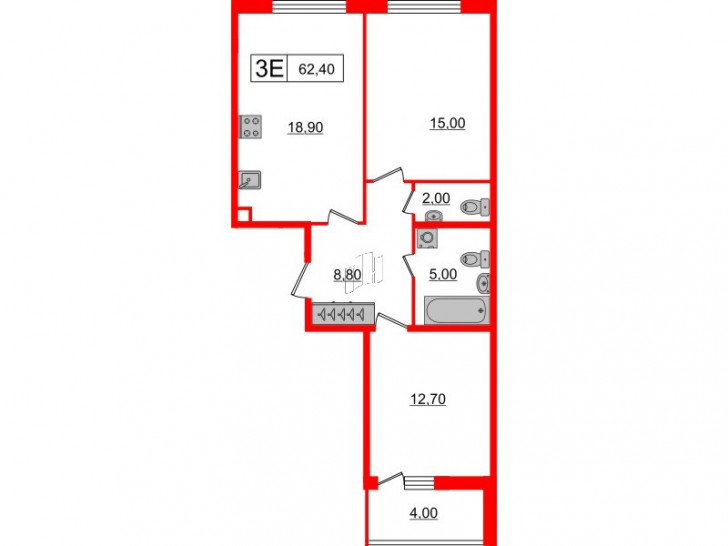 Двухкомнатная квартира 62.4 м²