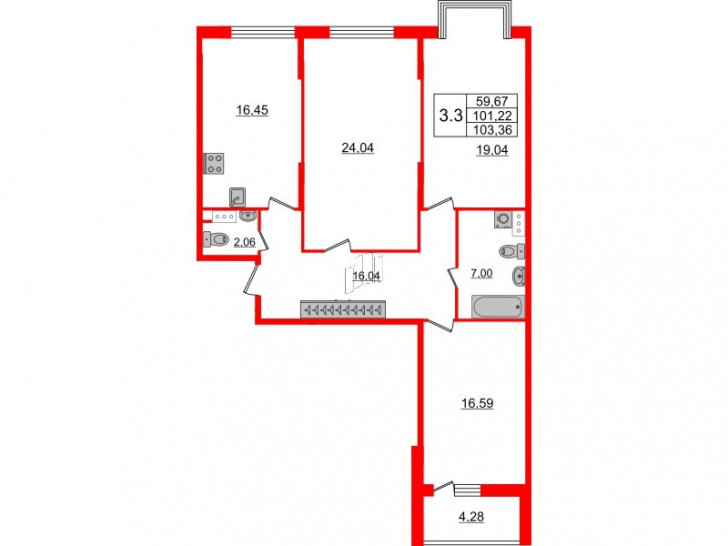 Трёхкомнатная квартира 99.2 м²