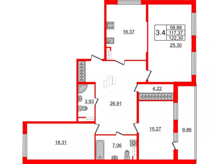 Трёхкомнатная квартира 115.7 м²
