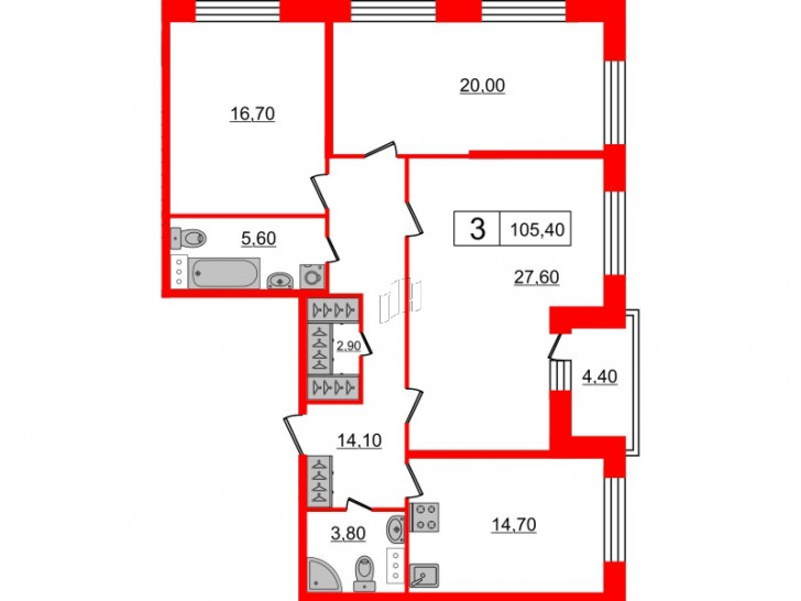 Трёхкомнатная квартира 105.4 м²