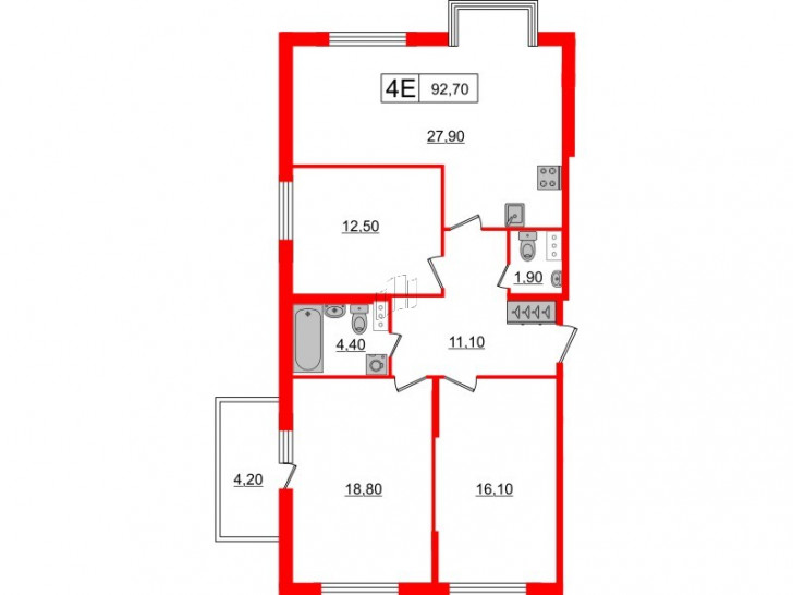 Трёхкомнатная квартира 92.7 м²