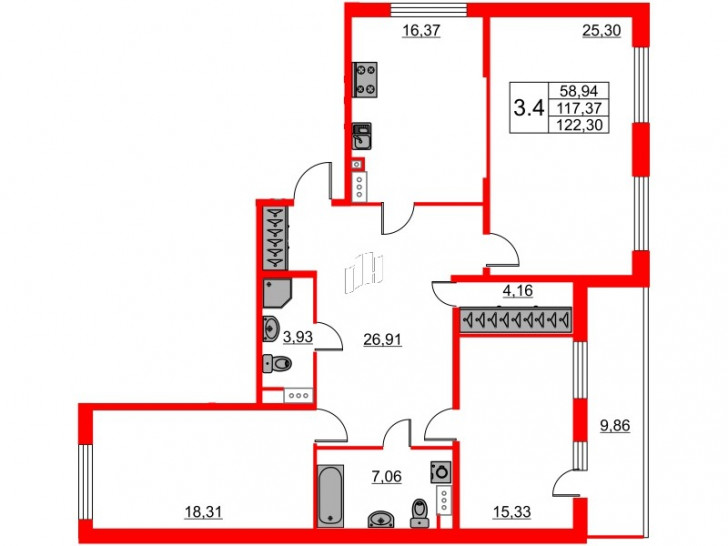 Трёхкомнатная квартира 115.8 м²