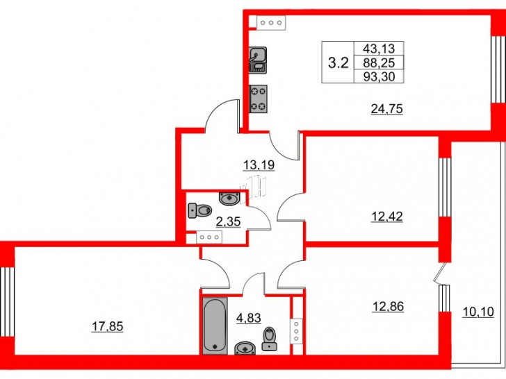 Трёхкомнатная квартира 86.7 м²