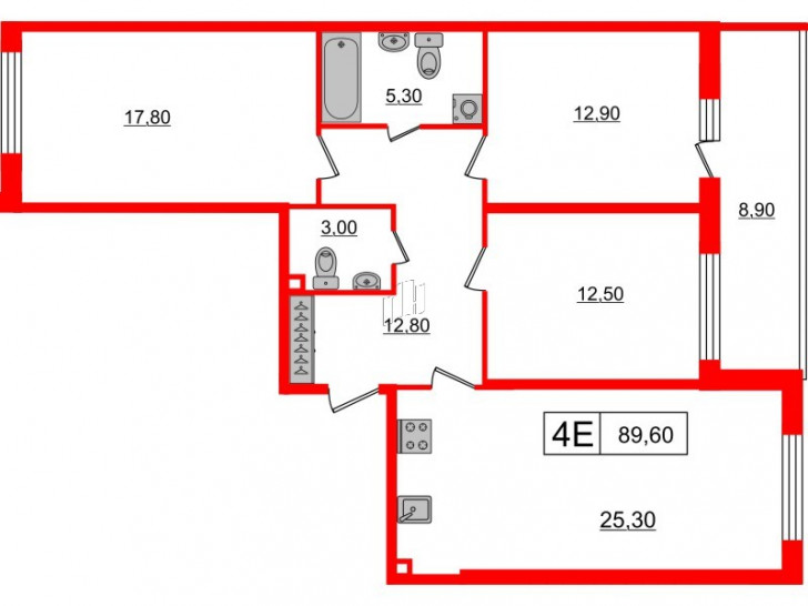 Трёхкомнатная квартира 89.6 м²