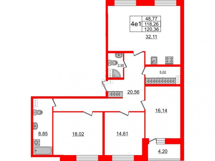 Трёхкомнатная квартира 118.2 м²