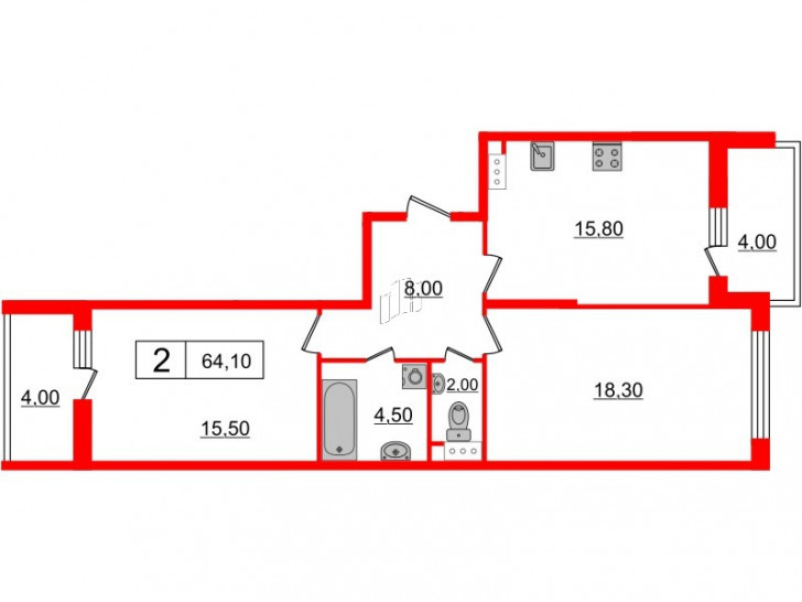 Двухкомнатная квартира 64.1 м²