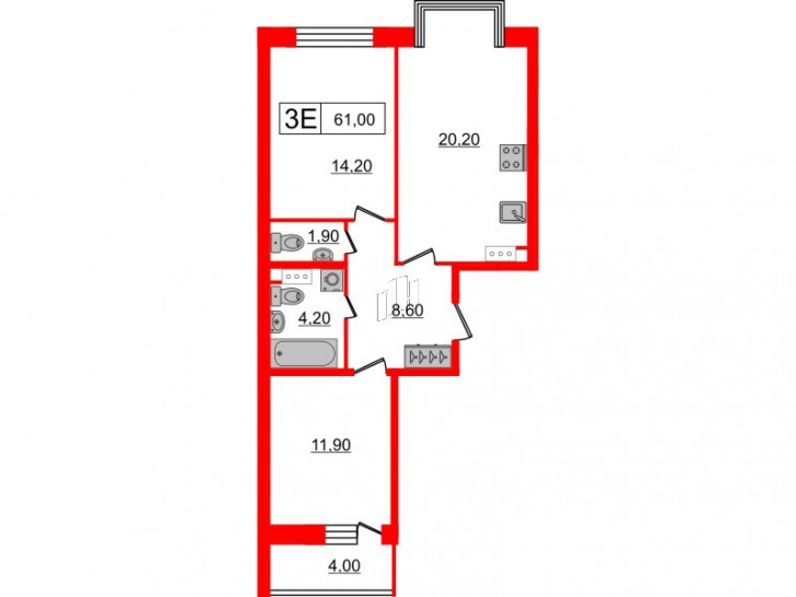 Двухкомнатная квартира 61 м²
