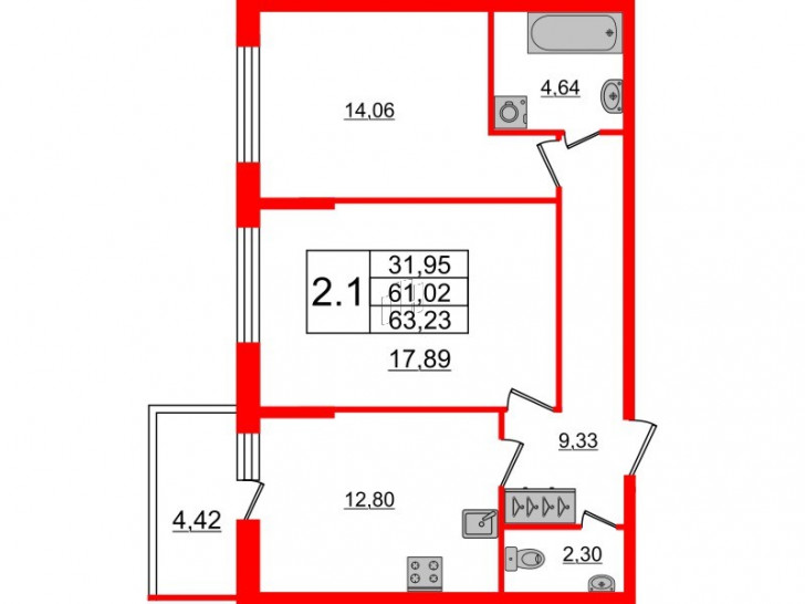 Двухкомнатная квартира 59.9 м²