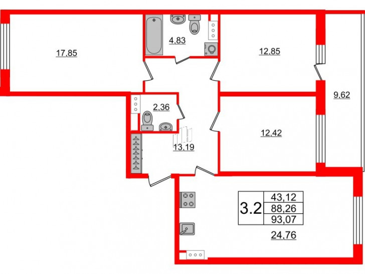 Трёхкомнатная квартира 86.6 м²