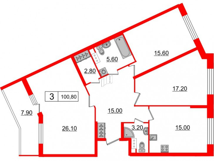 Трёхкомнатная квартира 100.8 м²