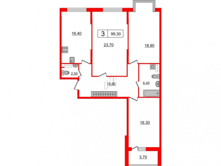 Трёхкомнатная квартира 99.3 м²