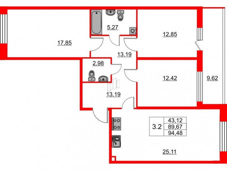 Трёхкомнатная квартира 88.3 м²
