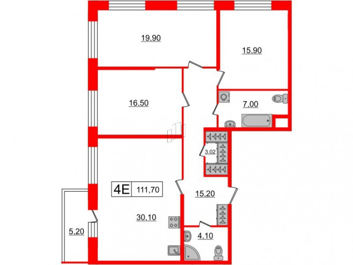 Трёхкомнатная квартира 111.7 м²