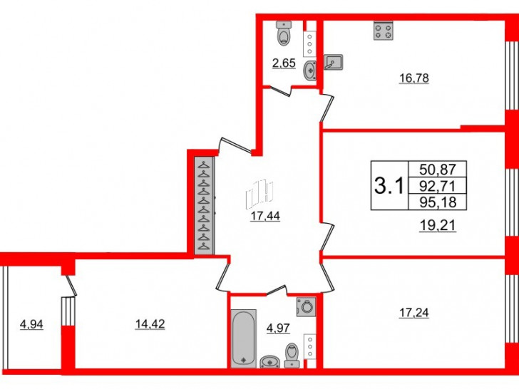 Трёхкомнатная квартира 91.1 м²